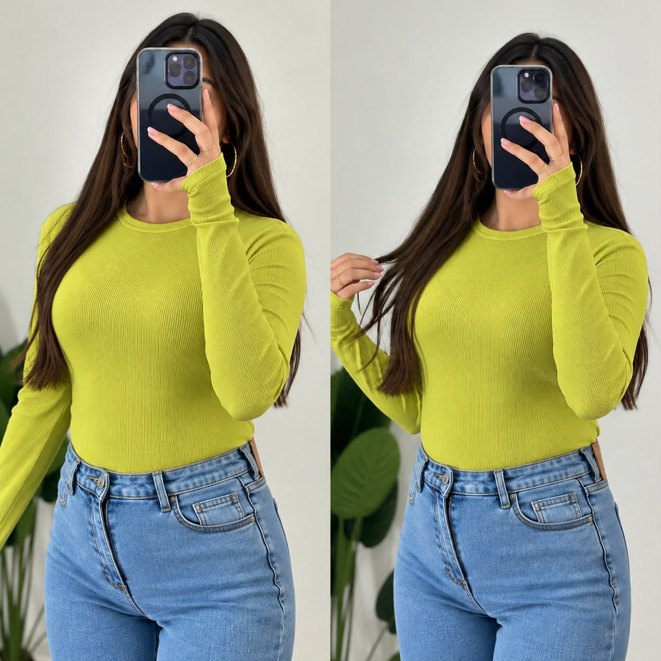 Pull femme vert anis côtelé, col rond manches longues taille unique, référence 022745