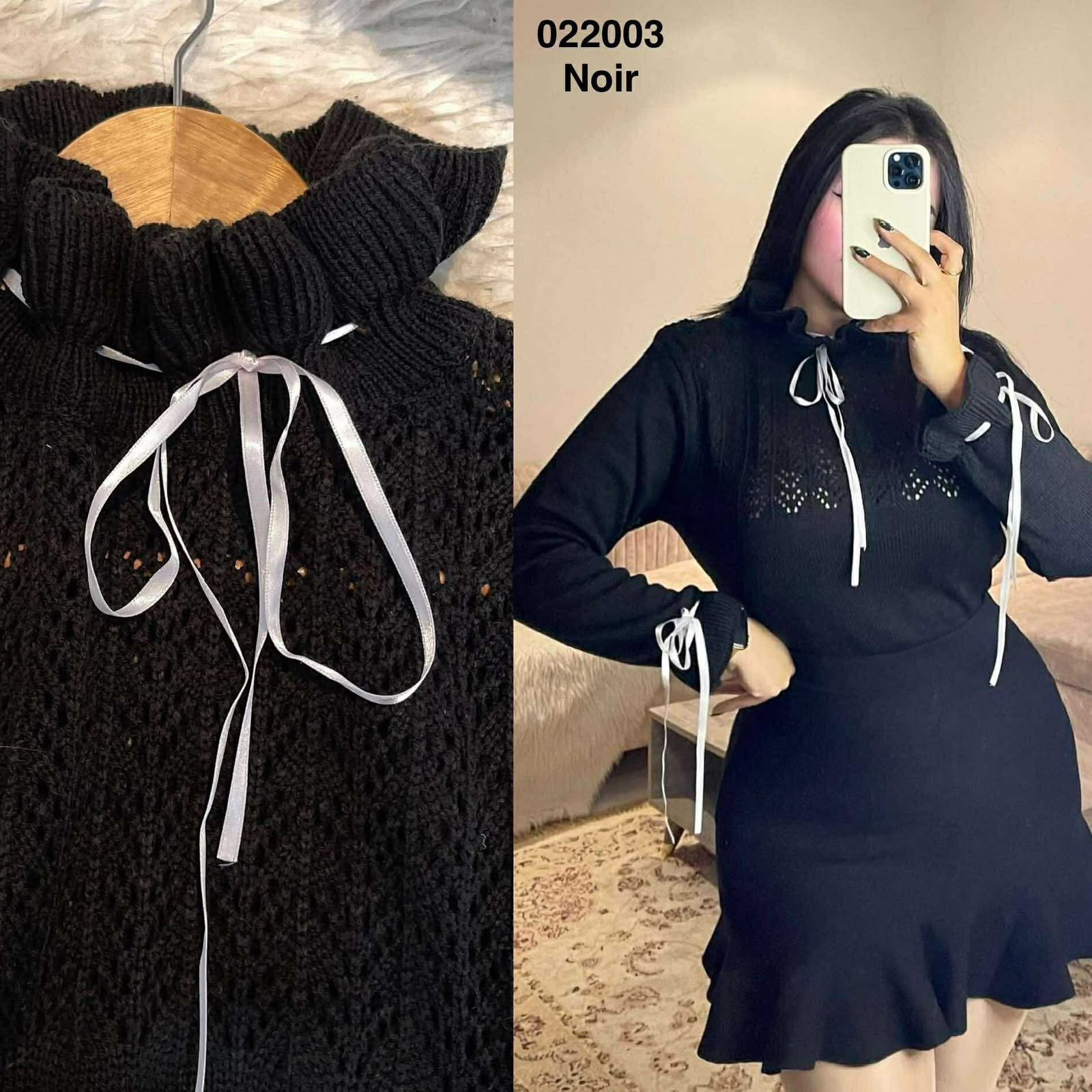 Pull femme noir en laine, col montant et rubans blancs à nouer, taille unique – 022003