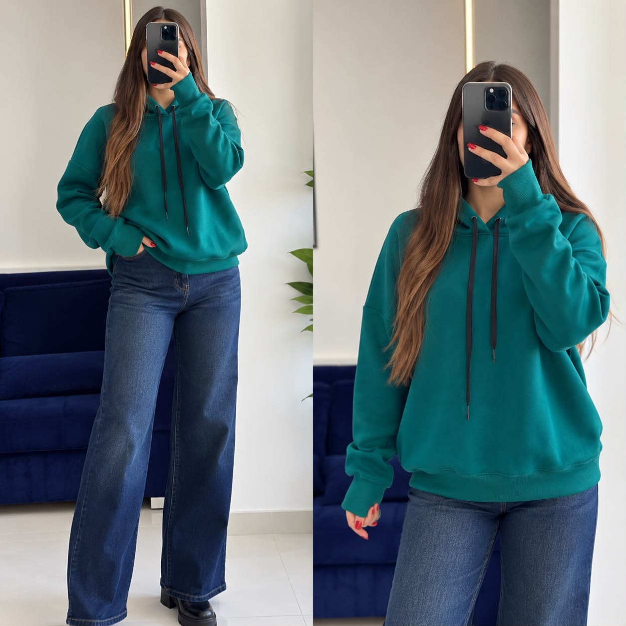 Sweat à capuche femme vert canard manches longues cordons noirs taille 1 (36-38) – réf. 022847